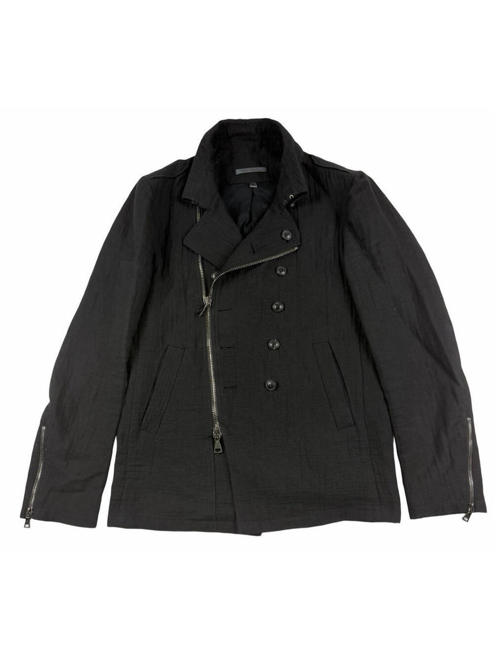 John Varvatos Modern Military Moto Pea Coat Cotton Linen Black Size 46 EU